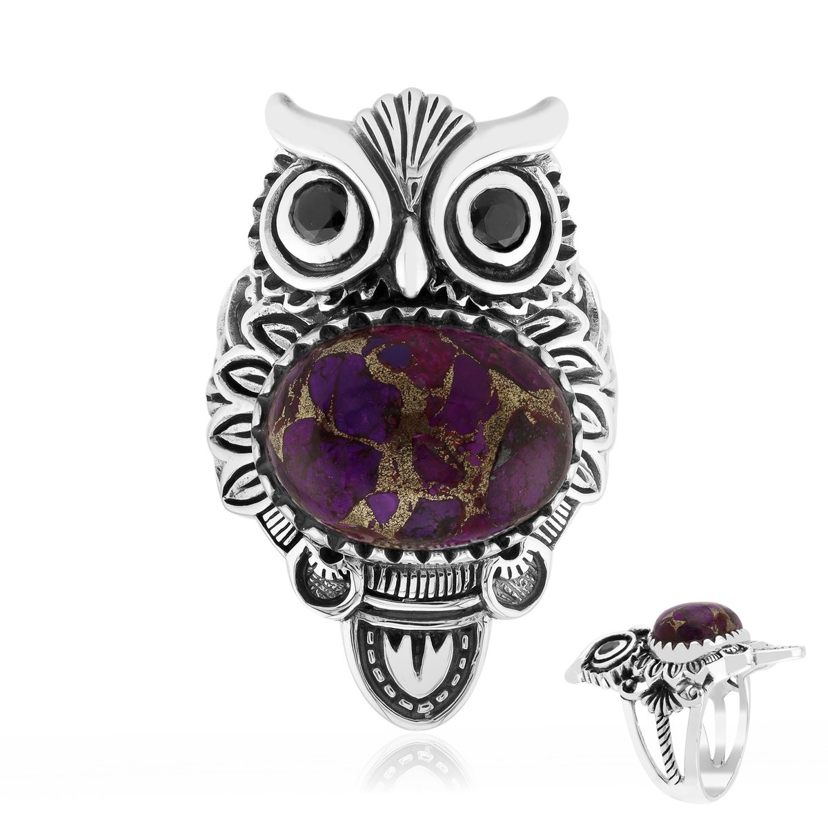Cavill - Ring 925 Sterling Zilver - Paarse Kingman Mohave Turkoois 4,66 ct & Zwarte Spinel 0,22 ct - Ovaal Cabochon - Elegant Filigraan