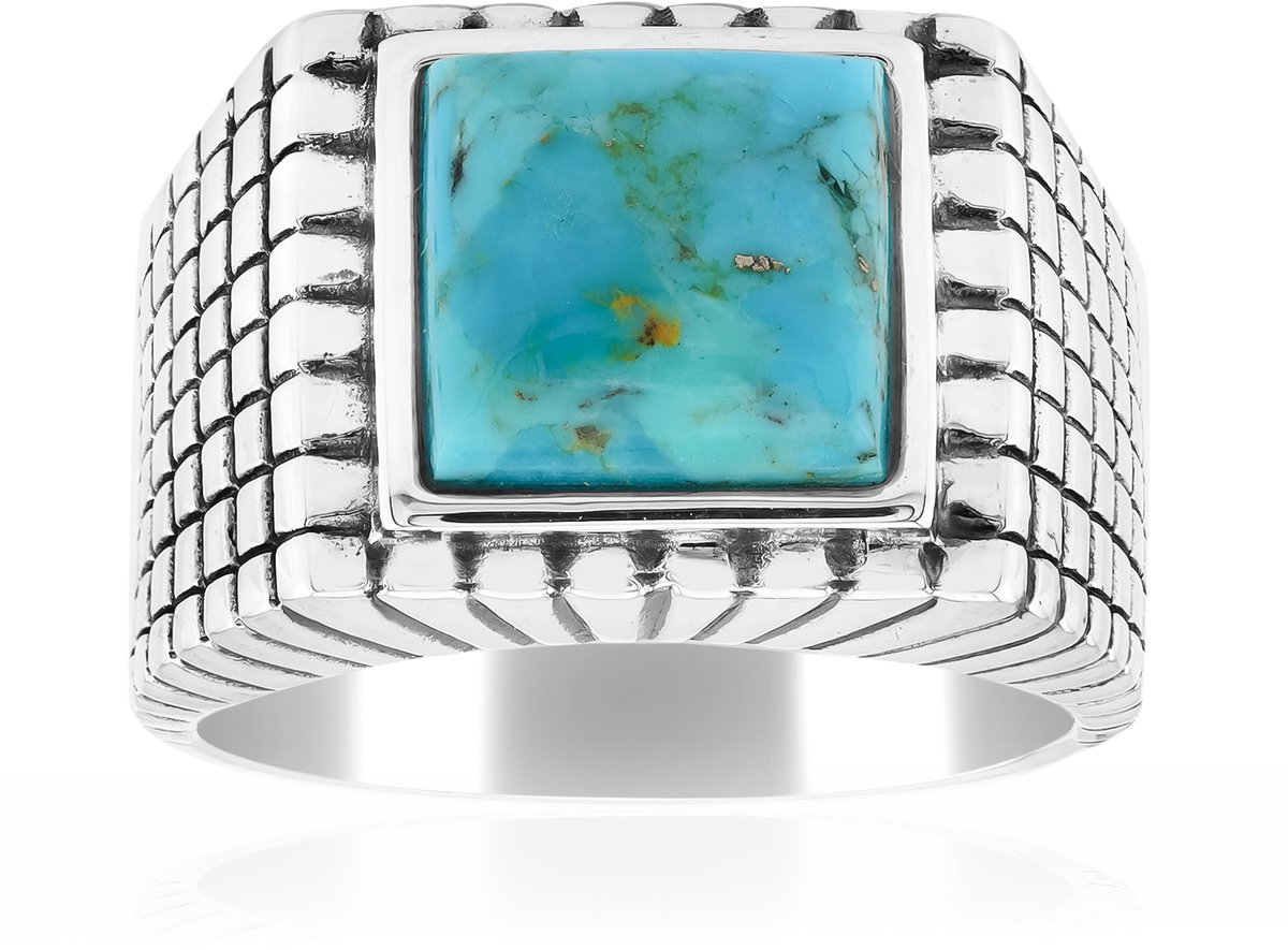 Cavill - Zilveren Ring - 925 Sterling Zilver Geoxideerd - Blauwe Kingman Mohave Turkoois 2,205 ct - Moderne Vierkante Cabochon - Handgemaakt