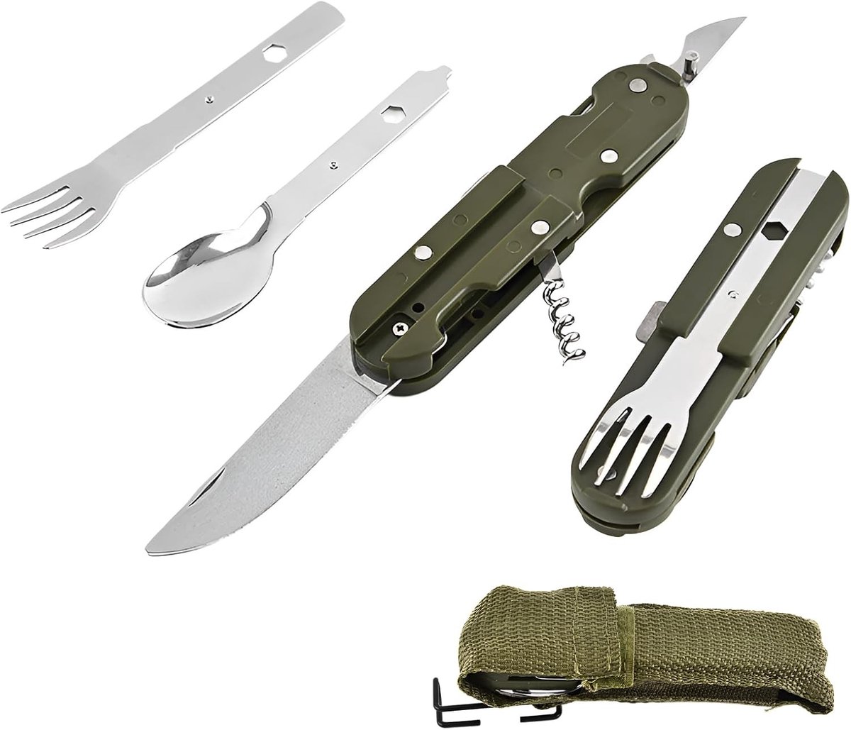 Vouwbare 5-in-1 Camping Bestek Set voor Buiten, Ideaal voor Kamperen, Hiking en Picknicks met Opbergtas