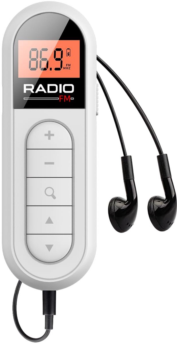 Namajunas - Lavalier FM-radio - met LCD Display - Oplaadbaar - Koptelefoonaansluiting - Kleine - Noodpakket Must Have - Zakradio - Draagbare Noodradio - Voor fitness, hardlopen, wandelen en kamperen - Wit