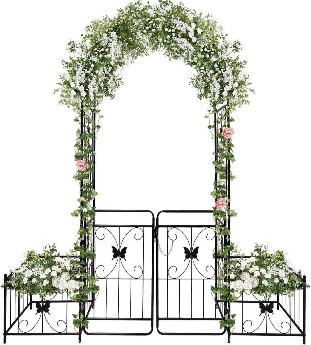 2,2 M Tuinboog met Poort en Plantenbakken, Kalolary Metalen Robuuste Tuin Prieel voor Klimplant Bruiloft Trellis Boog Verhoogd Bed Rozenranken Klimsteun voor Gazon Achtertuin Patio Buiten