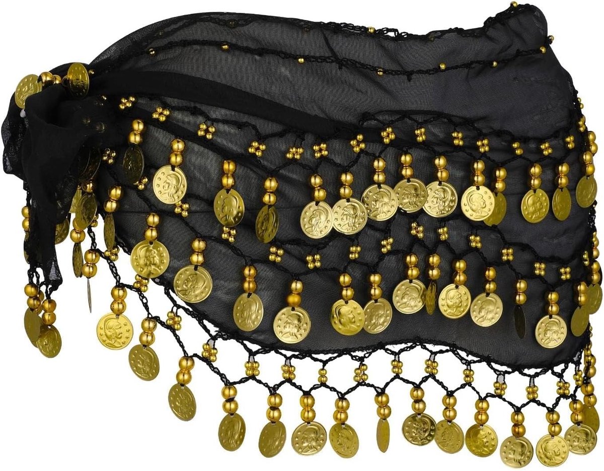 Vrouwelijke buikdans sjaal met pailletten, chiffon en 128 gouden stukken voor danskostuums en optredens