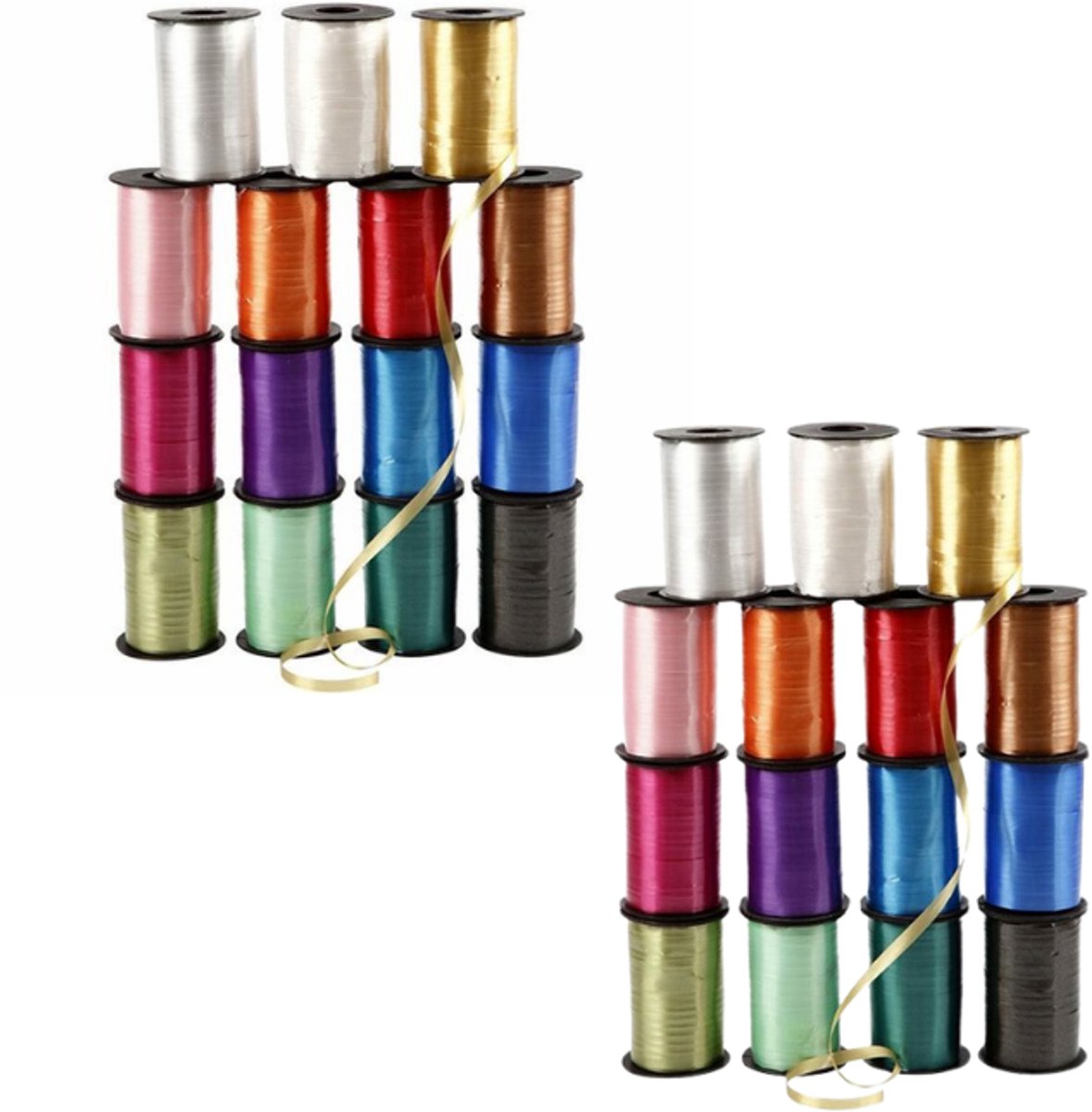 Cadeaulint assortiment | Glimmend krullint met 15 kleuren | 10 mm x 250 m | 2x15 rollen