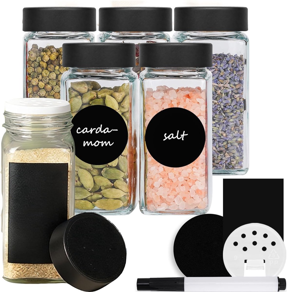 Kruidenpotjes Set van 6 - Transparant - 120 ml - Glazen Potjes met Zwarte Deksels en Strooiinzetstukken - Voor Kruidendispenser