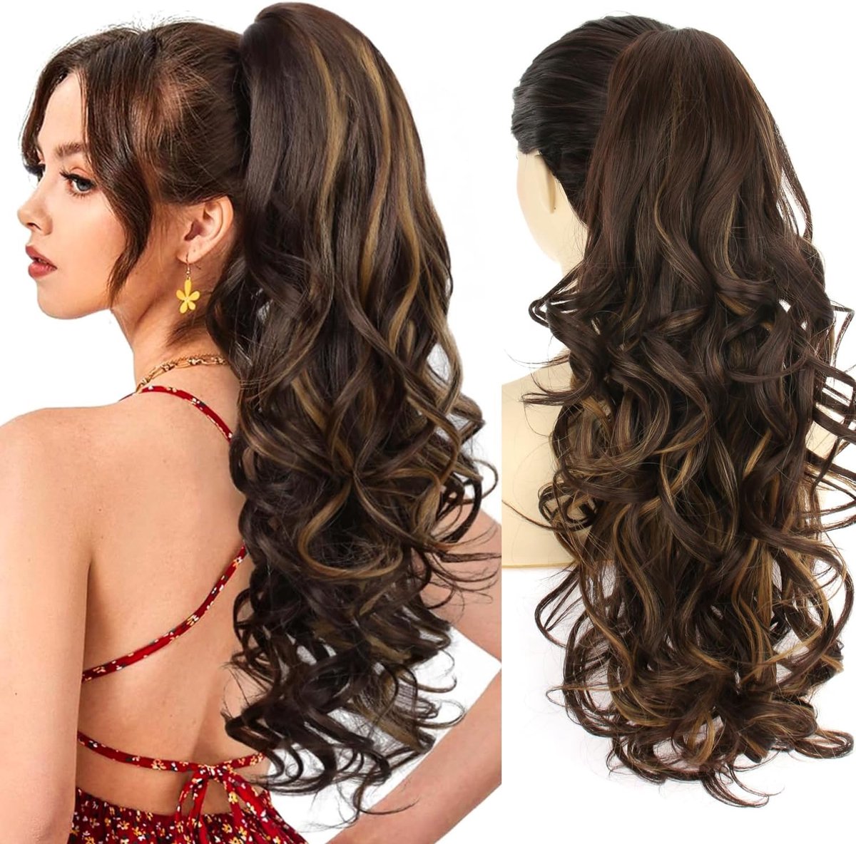 SnelShoppen - Ponytail Haarstuk Clip In Haarverlenging 66 cm Lang Volume Golvend Donkerbruin met Blonde Highlights voor Vrouwen - Perfect voor Feesten