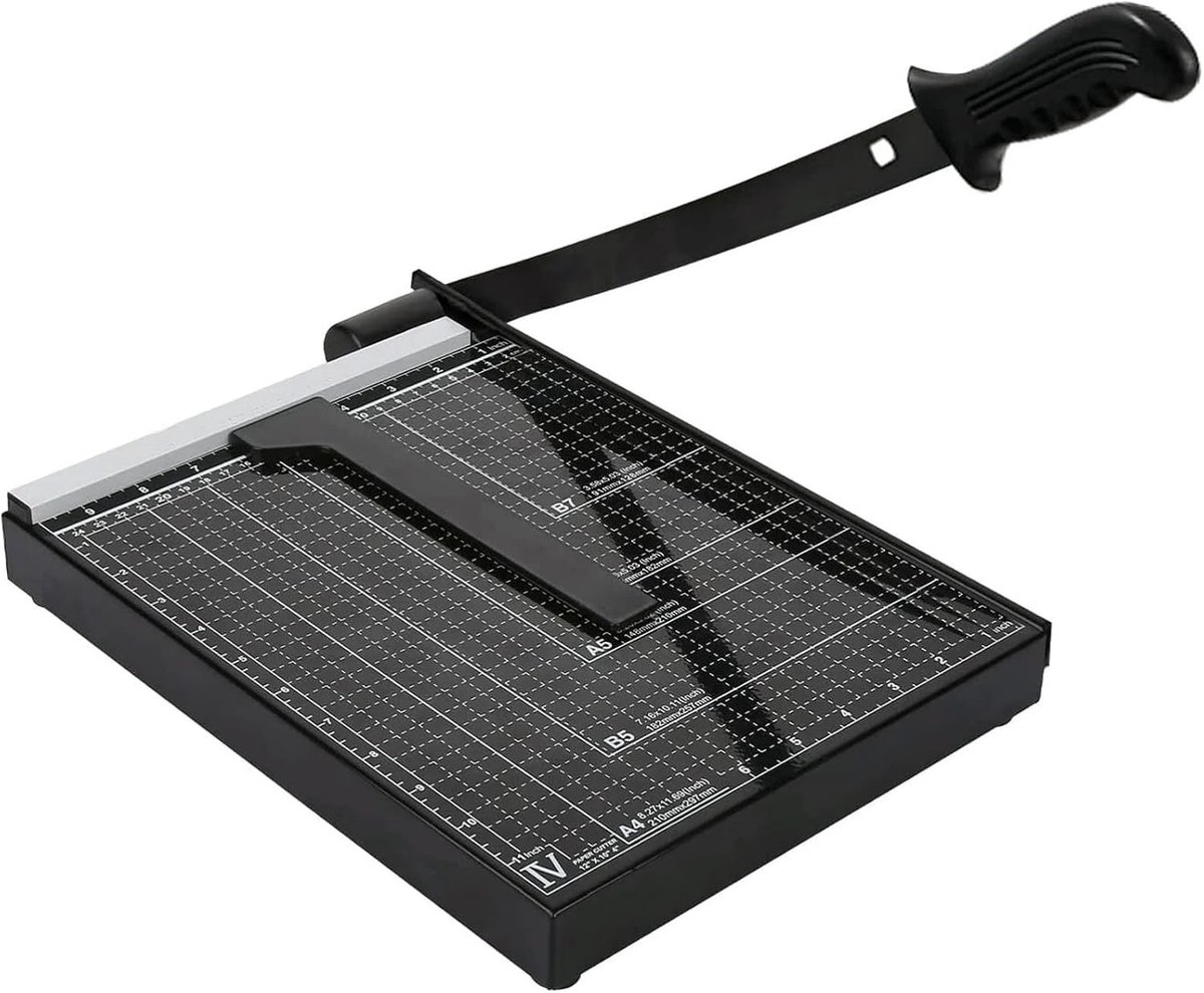 Papierversnijder - Zwart - Metalen Basis - Hefboomsnijder met Magnetische Papiergeleider - Voor Kantoor en Huishoudelijk Gebruik