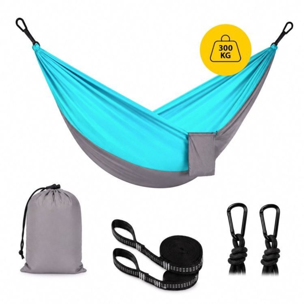 Kenz® - Eenpersoons Hangmat - in Hoes - tot 300 kg - Blauw / Grijs - 290x140 cm - Inclusief Bevestigingsriemen en Karabijnen