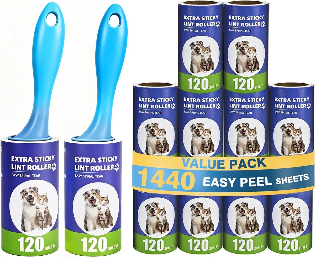 Pluisroller voor Dierenhaar - Blauw - 10 cm - Met 12 Rollen en 2 Handgrepen - Voor Het Verwijderen van Katten- en Hondenharen