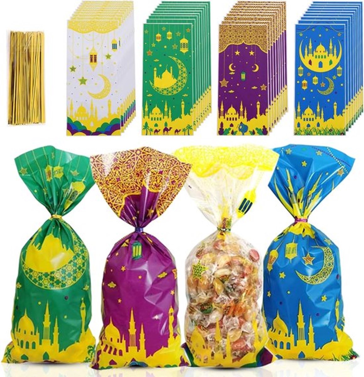 Set van 100 Eid Mubarak Cadeautas, Transparante Plastic Goodiebags voor Ramadan, Feestdecoratie en Snoepzakjes met 100 Twist Ties