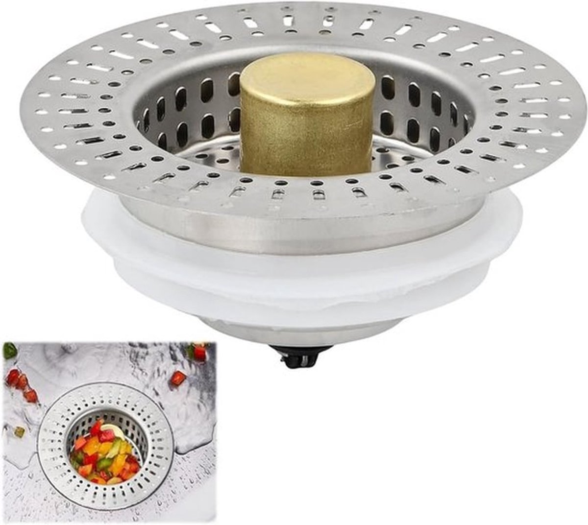 3-in-1 Wasbak Stopper en Keuken Zeef, RVS Pop-Up Afvoer voor Gaten 76-81 mm, Antiklevende Zeef en Afvoeroplossing