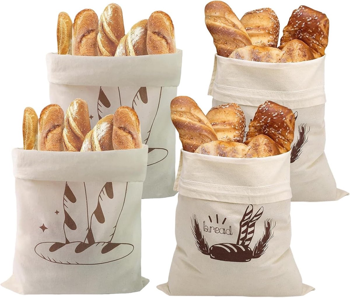 Set van 4 Katoenen Broodzakken - Naturel - 31 x 39 cm - Herbruikbaar met Trekkoord - Voor Brood, Groenten en Fruit