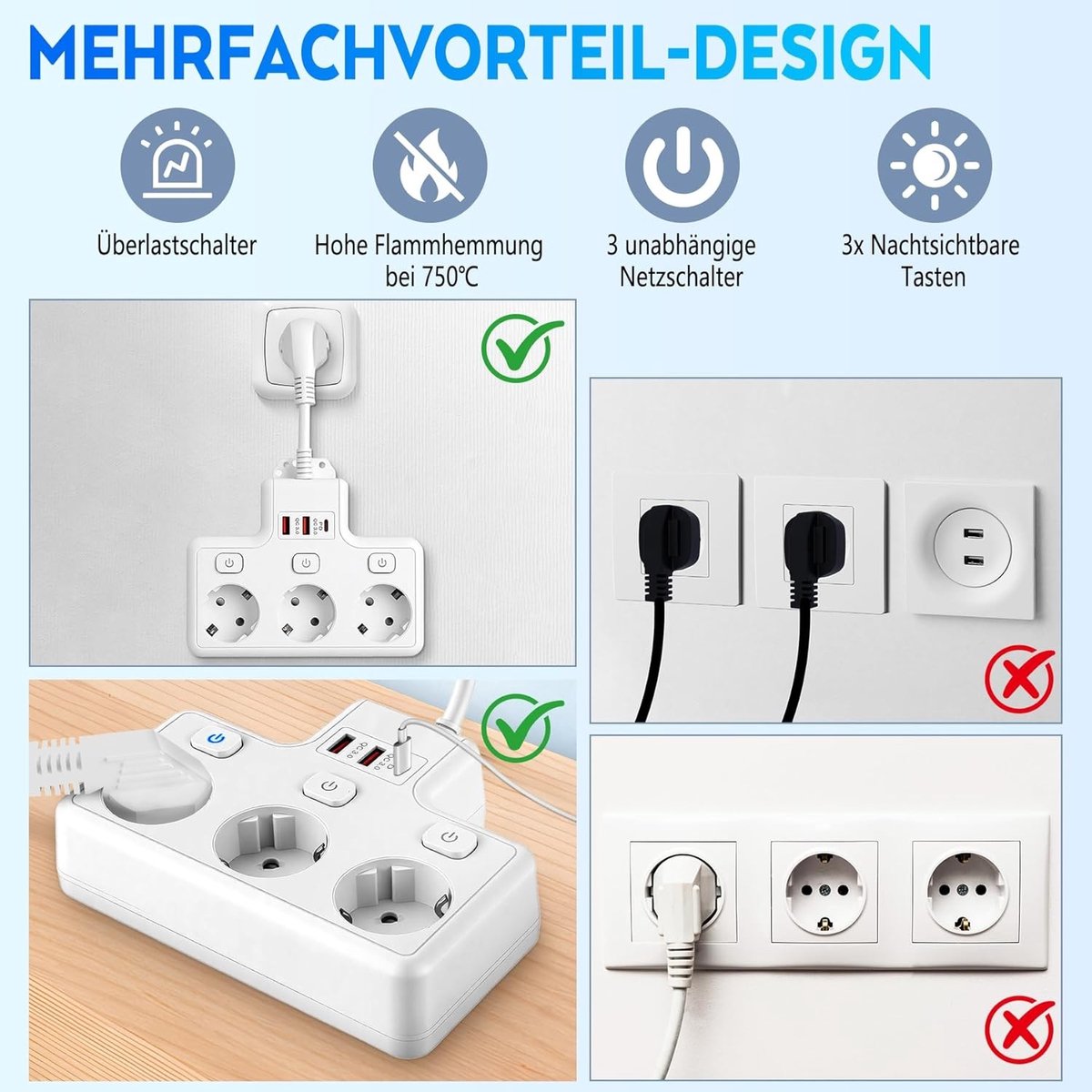 Stekkerdoos met 3 Stopcontacten - Wit - 16 A/3500 W - Met 2 USB en 1 USB-C Poort - Voor Thuis of Kantoor
