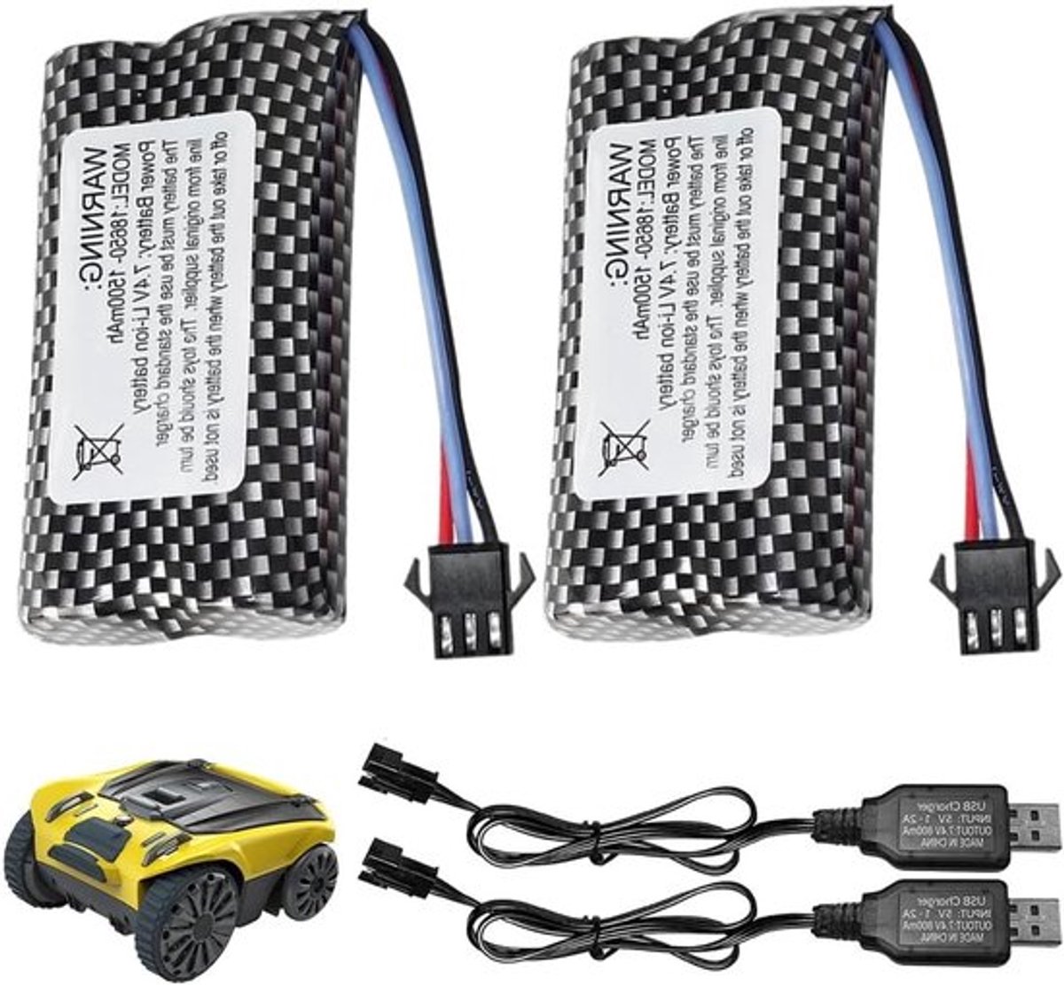 Oplaadbare Li-ion Lipo Batterij 7.4V 1500mAh voor RC Vliegtuigen en Speelgoedauto's - Set van 2 met USB Oplaadkabel