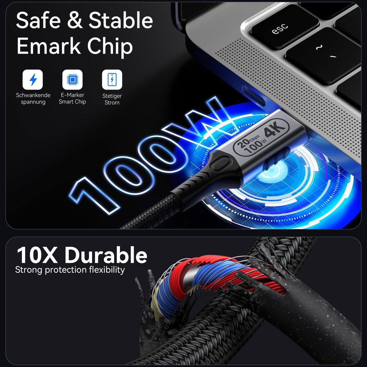 SnelShoppen - USB C lange oplaadkabel 5M, USB C naar USB C 20Gbps, 4K video @60Hz, 100W snel opladen, hoge snelheid USB C 3.2 Gen 2 kabel voor thuis e