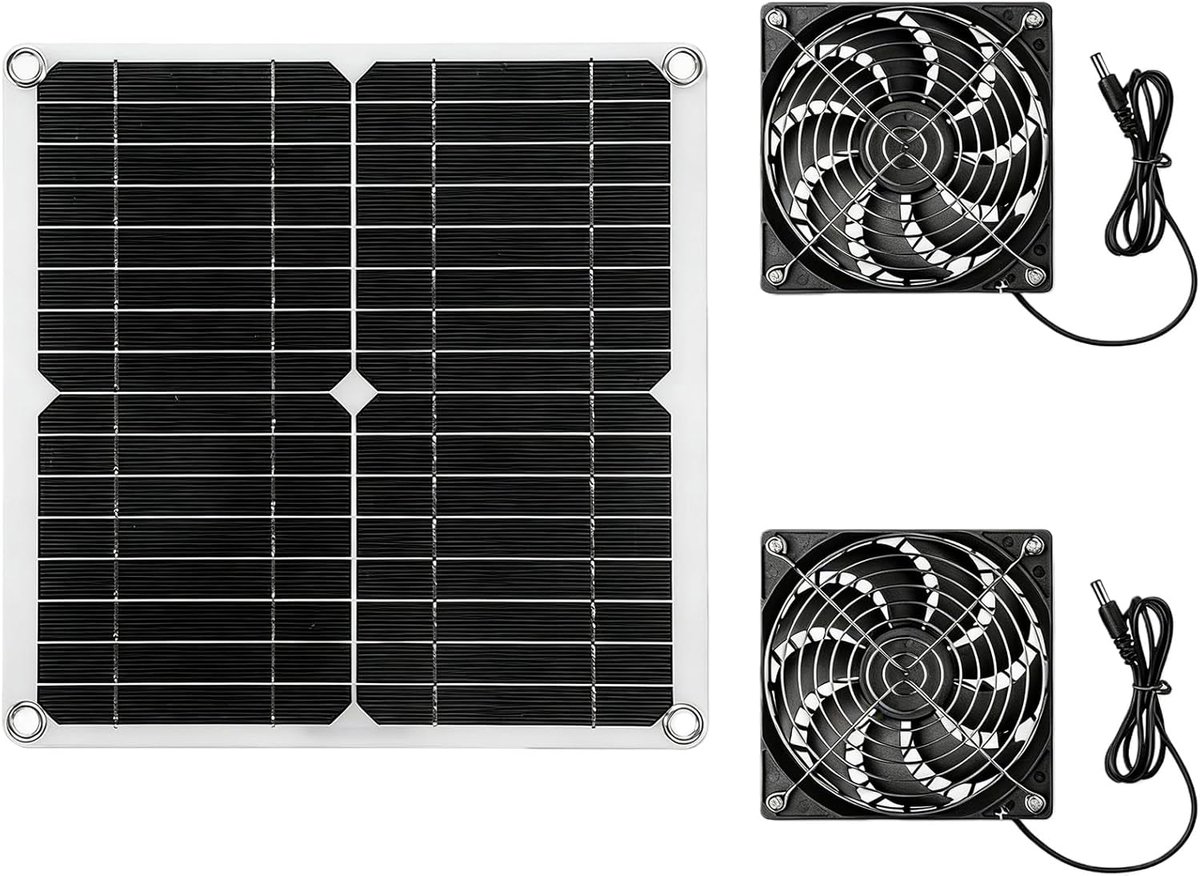 SnelShoppen - Ventilator op zonne-energie 12 W met zonnepanelen, dubbele ventilator voor kippenhokken, kassen, schuren en huisdierhuizen
