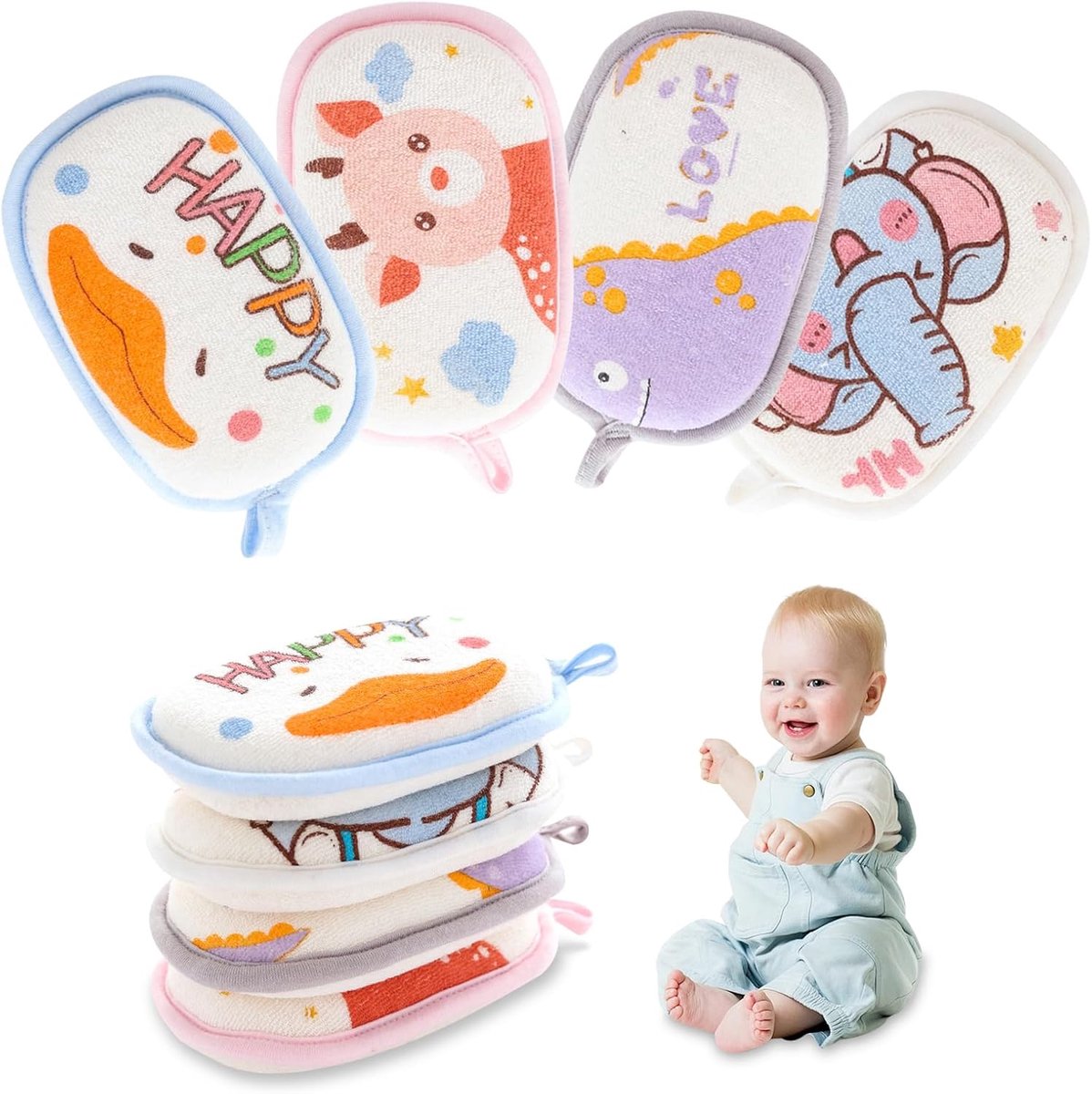 Washandjes baby 4 stuks - Schuurspons - Cartoon ontwerp - Voor vrolijk badplezier - ShopVlot