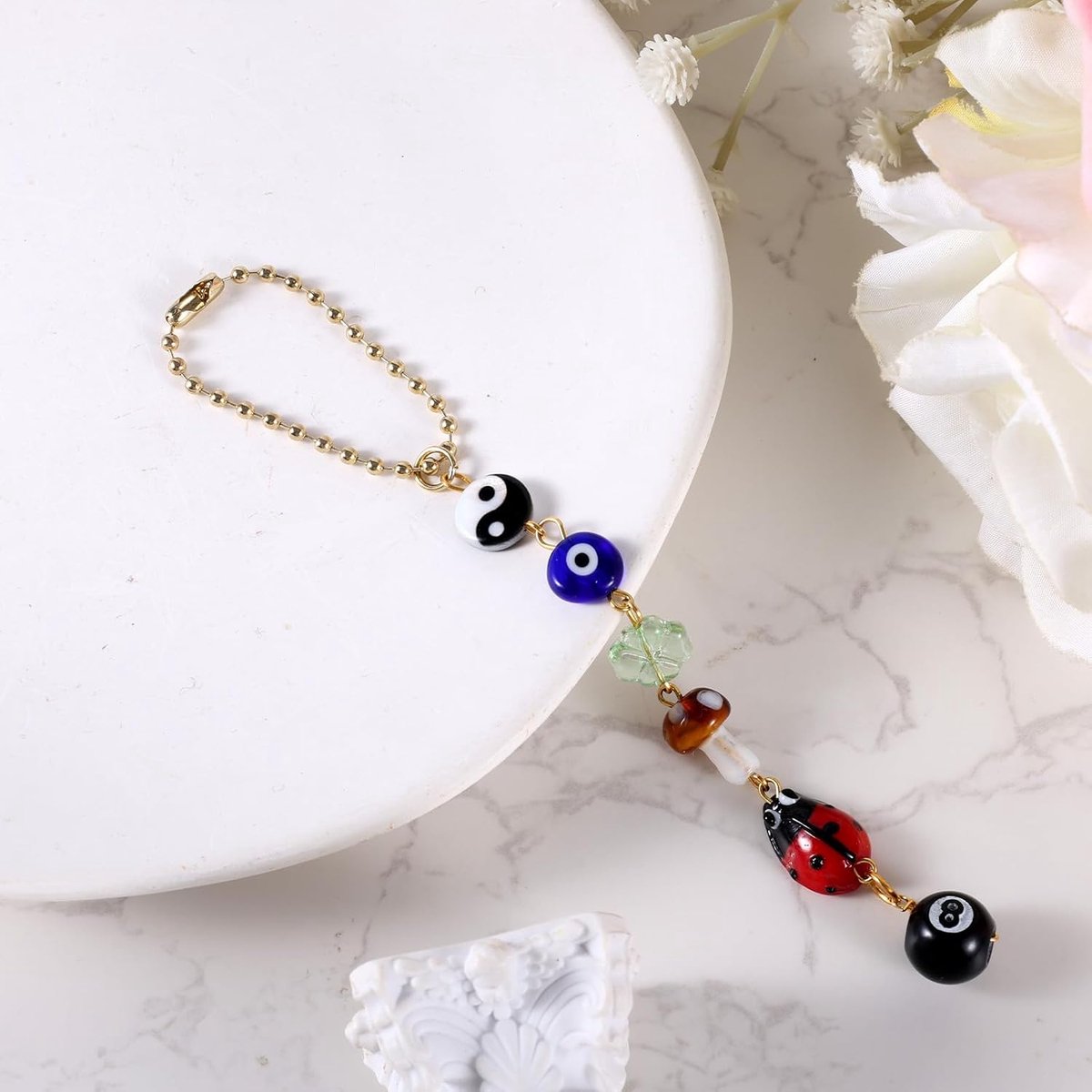 SnelShoppen - Evil Eye Auto Hangdecoratie, 8 Bal Yin Yang Symbool Achteruitkijkspiegel Beads Auto Hangcharms Gelukkige Dagen Auto Charms voor Auto Spi