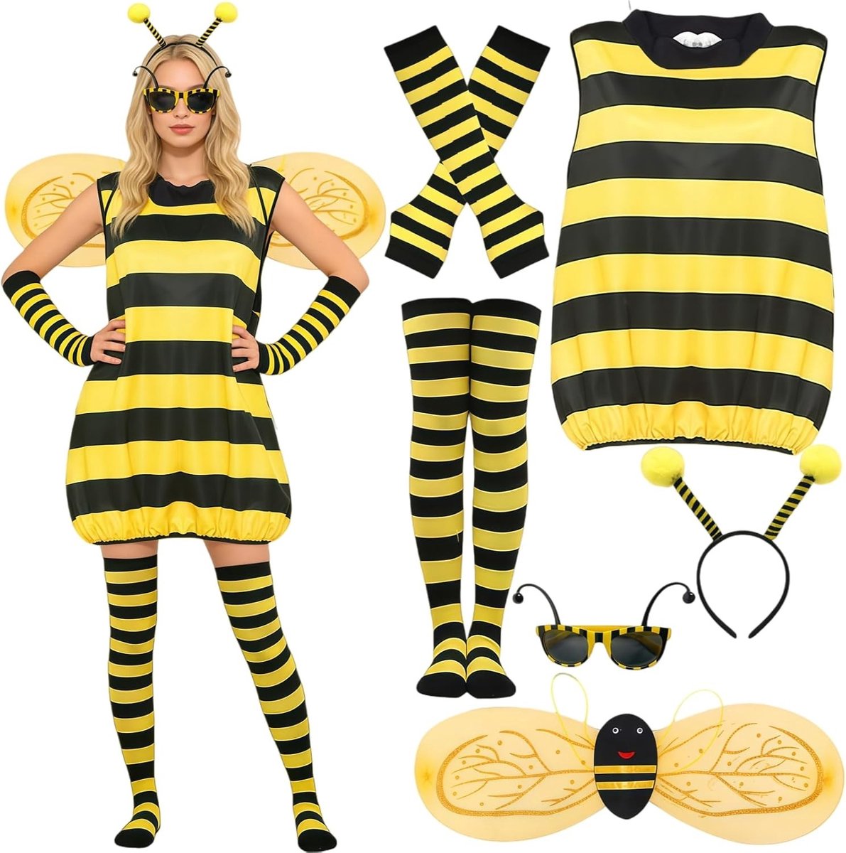 Vrouwelijk Bijenkostuum, 6-delig Set met Gestreepte Kousen, Hoofdband en Accessoires voor Halloween, Carnaval en Cosplay Feestjes