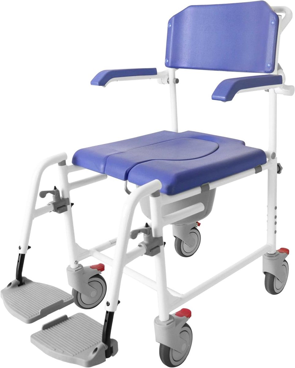 Douchestoel Wielen - Commode Stoel - Persoonlijke Hygiëne - Verbeterd Rem systeem - 55.5 cm Breed - Blauw