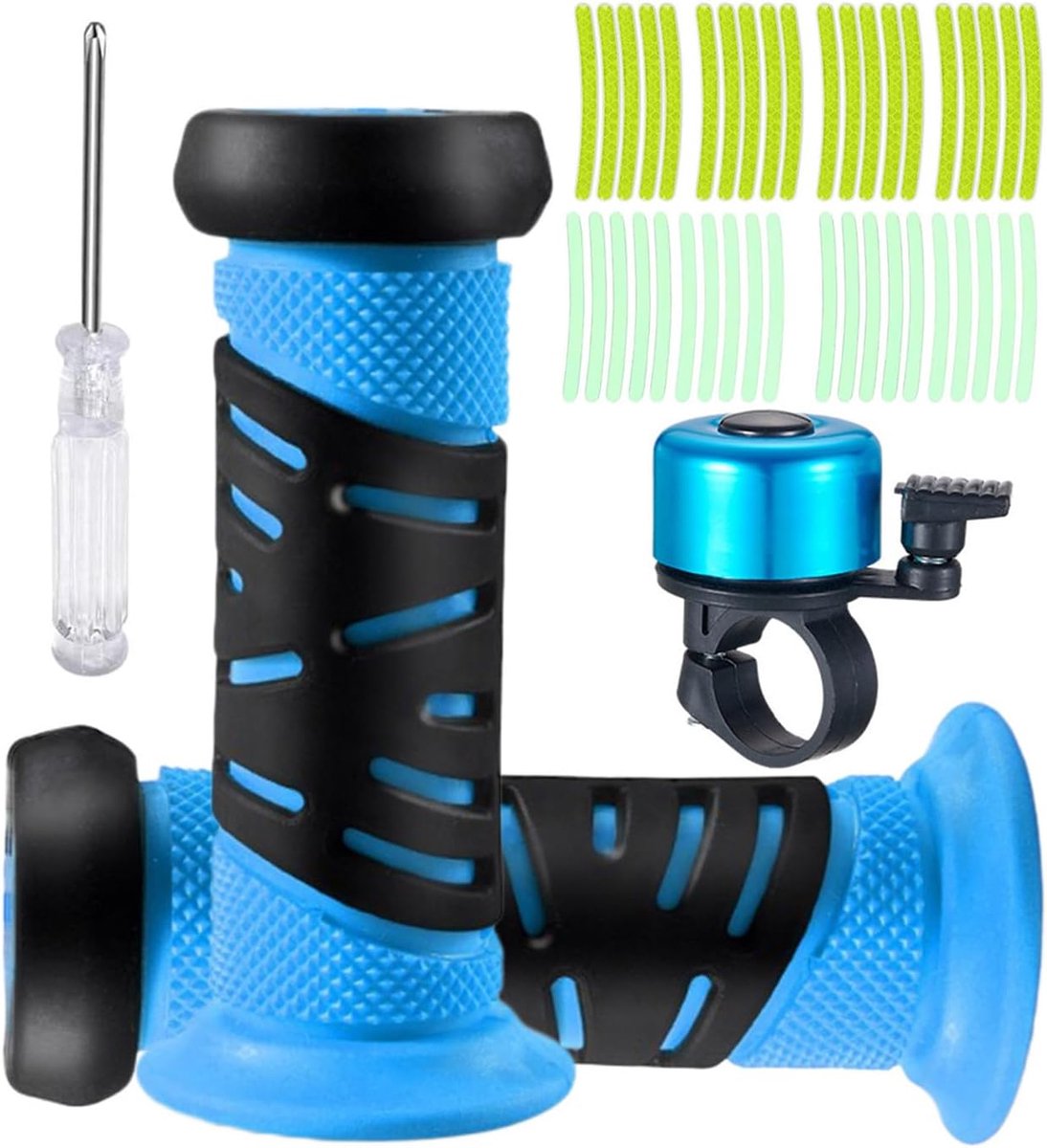 SnelShoppen - Fietshandgrepen voor Kinderen met Bel, Reflecterende Stickers, Antislip Rubberen Handgrepen, 22 mm, Inclusief Schroevendraaier voor Kind