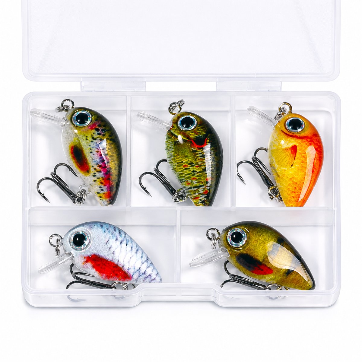 S&D | Set van 5 Mini Crankbaits – 3cm/1,5g – Drijvend Kunstaas met Opbergdoos
