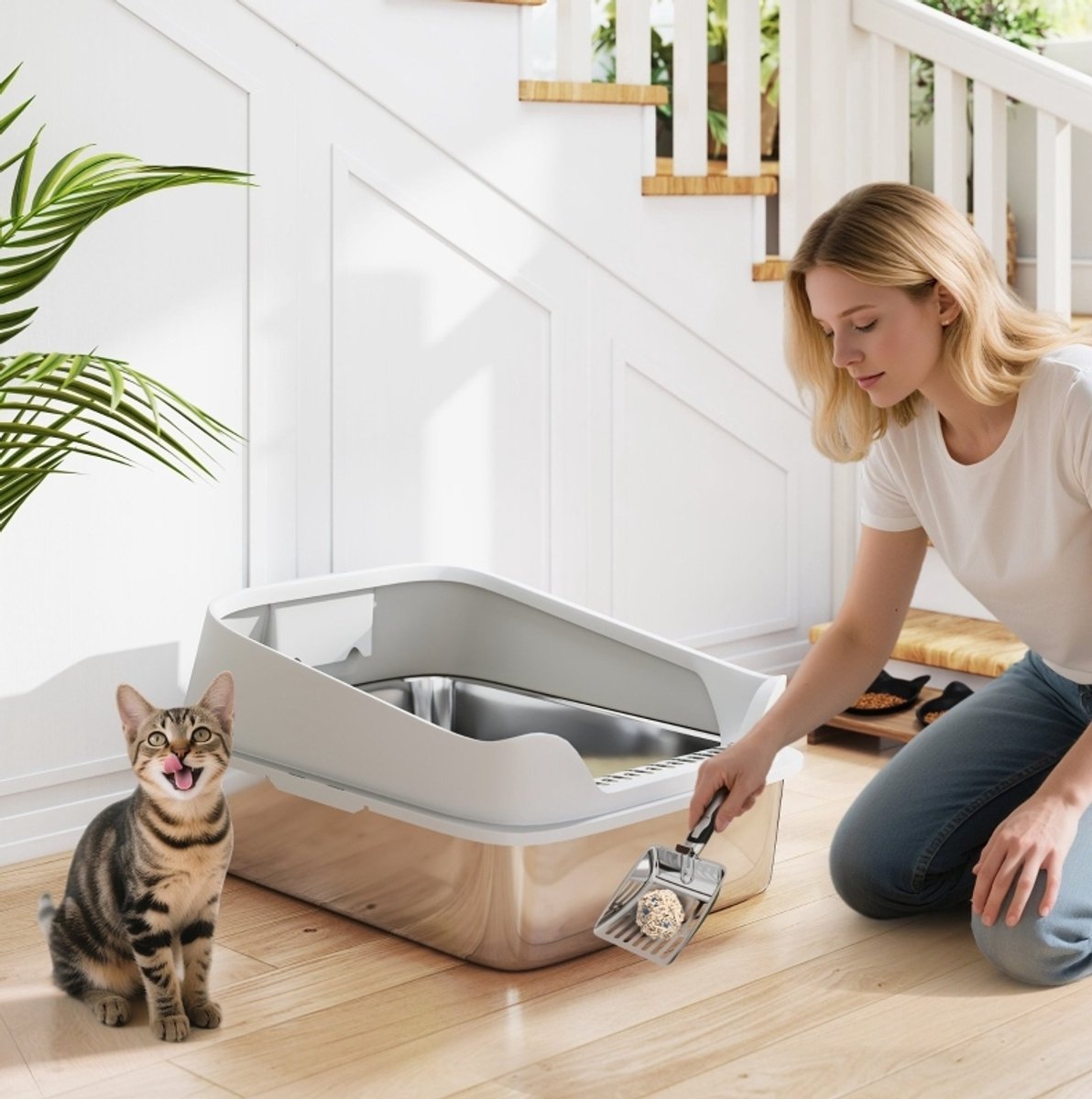 REDOM - Kattenbak - Open kattenbak met hoge rand en zeef - Met RVS schep - XXL - Voor grote katten tot 12 kg - RVS - Grijs - 69,8 x 50,3 x 29,8 cm