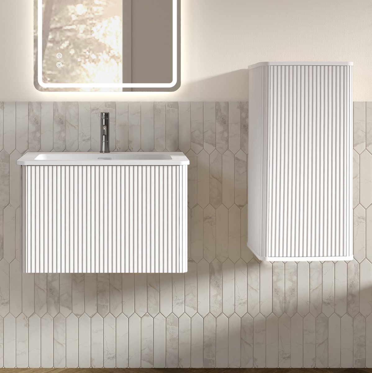 FloraGrace Badmeubel Set - Wandhangend Waschtisch Met Zijkast En Solid Surface Wastafel - Modern Voor Badkamer En Gastentoilet - Wit - 60 Cm