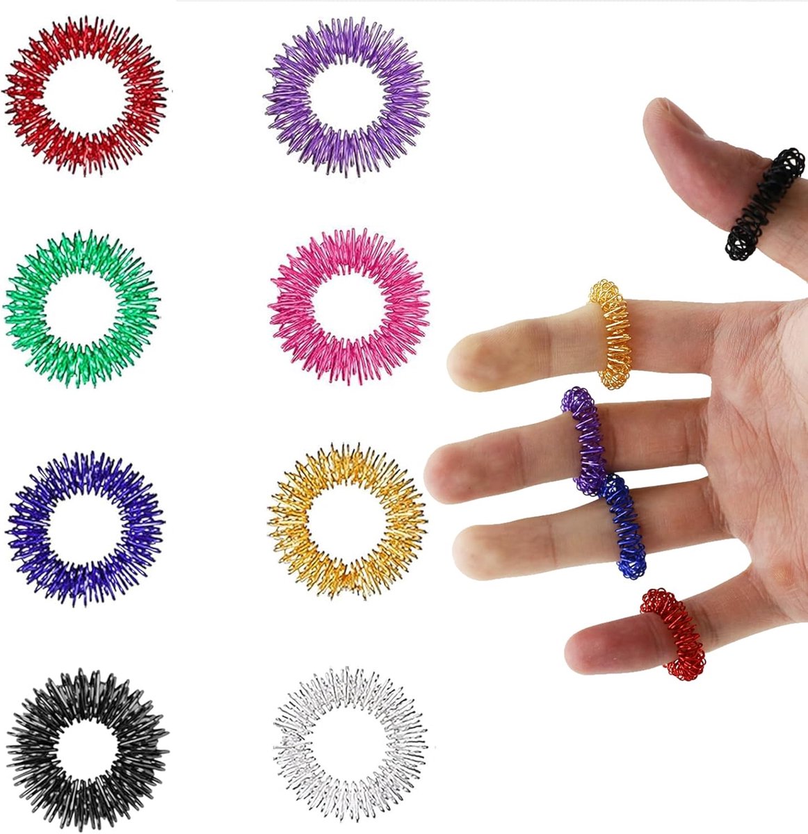 Pack of 8 Massage Rings for Finger Massage, Acupressure Ring, Sensory Skill Rings, Finger Massage for Stress Relief - ShopVlot