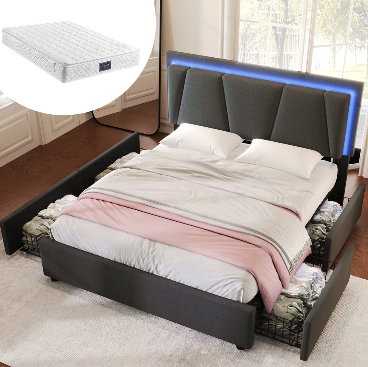 REDOM Bed - Gestoffeerd bed met LED-verlichting - Verstelbaar hoofdeinde - 4 lades - Moderne stijl - Slaapkamer - Stof, Hout, Metaal - Grijs - 160 x 200 cm