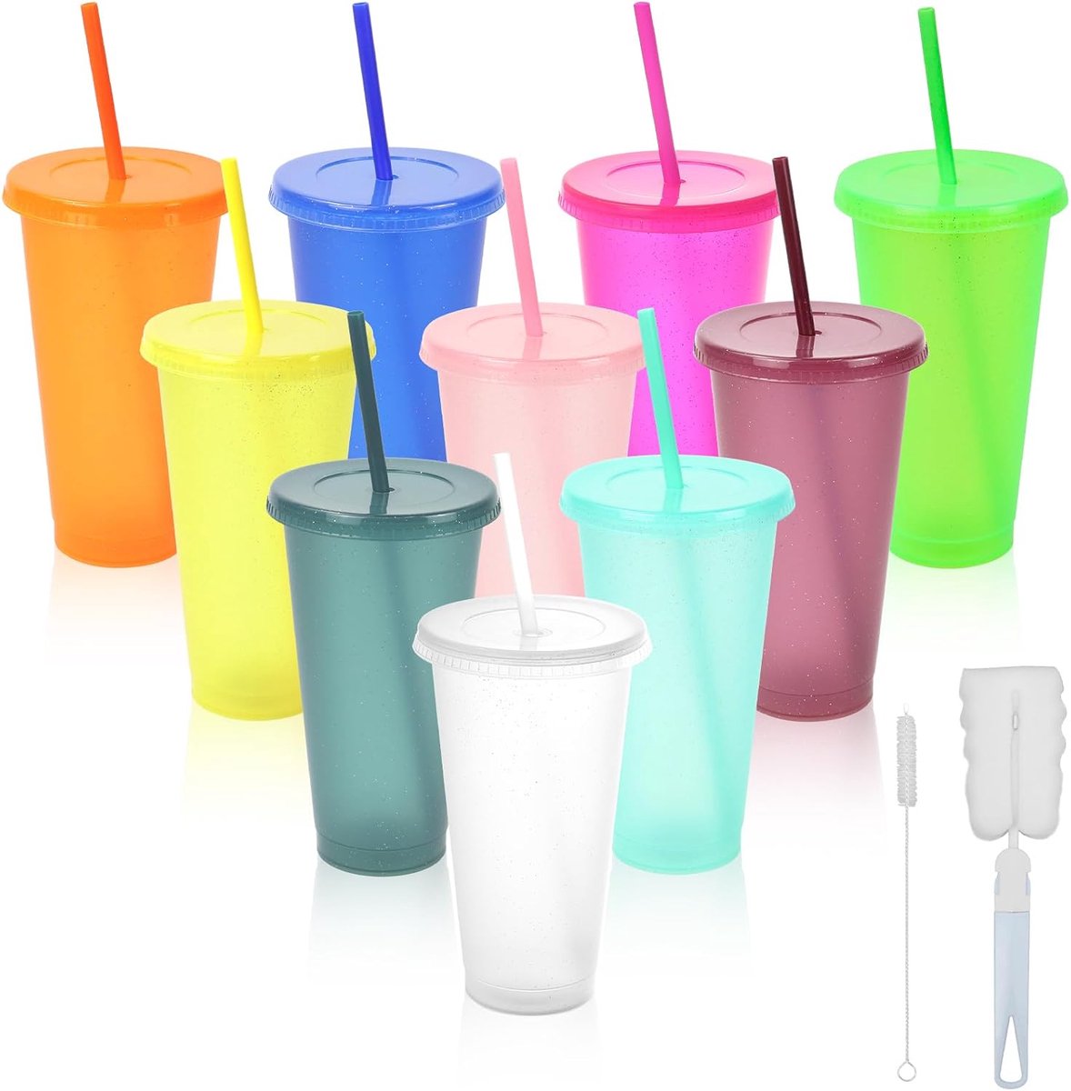 SnelShoppen - 10 Stuks Herbruikbare Bekers met Deksel en Rietjes, 710ml Plastic Drinkbekers voor Sap, Koude Dranken, Koffie, Feest, Wit, Milieuvriende