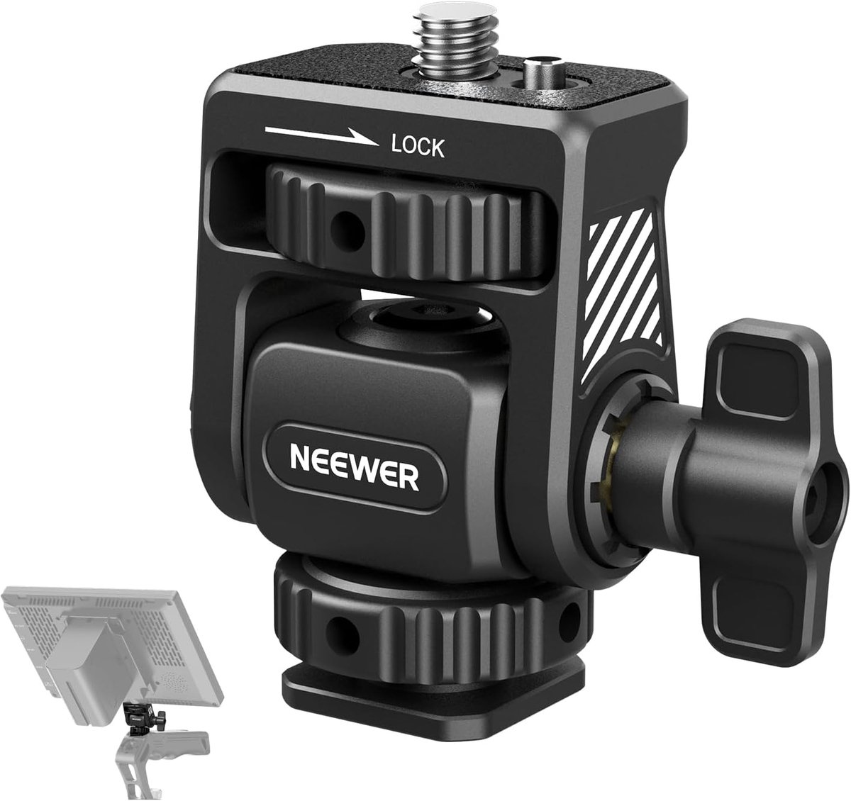 SnelShoppen - Monitorhouder voor Camera met Koude Schoen, 360° Rotatie, 180° Kanteling, Antidraai Schroef, Geschikt voor 5" en 7" Monitoren, Videoprod