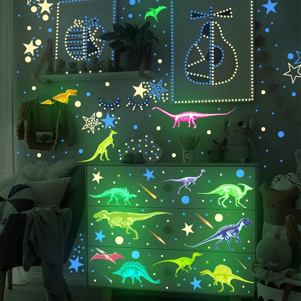 SnelShoppen - 931 Stukken Dinosaurussen Muurstickers, Fluorescerende Sterren voor Kinderkamer, Zelfklevende Wanddecoratie, Kinderen, Home Decor, PVC M