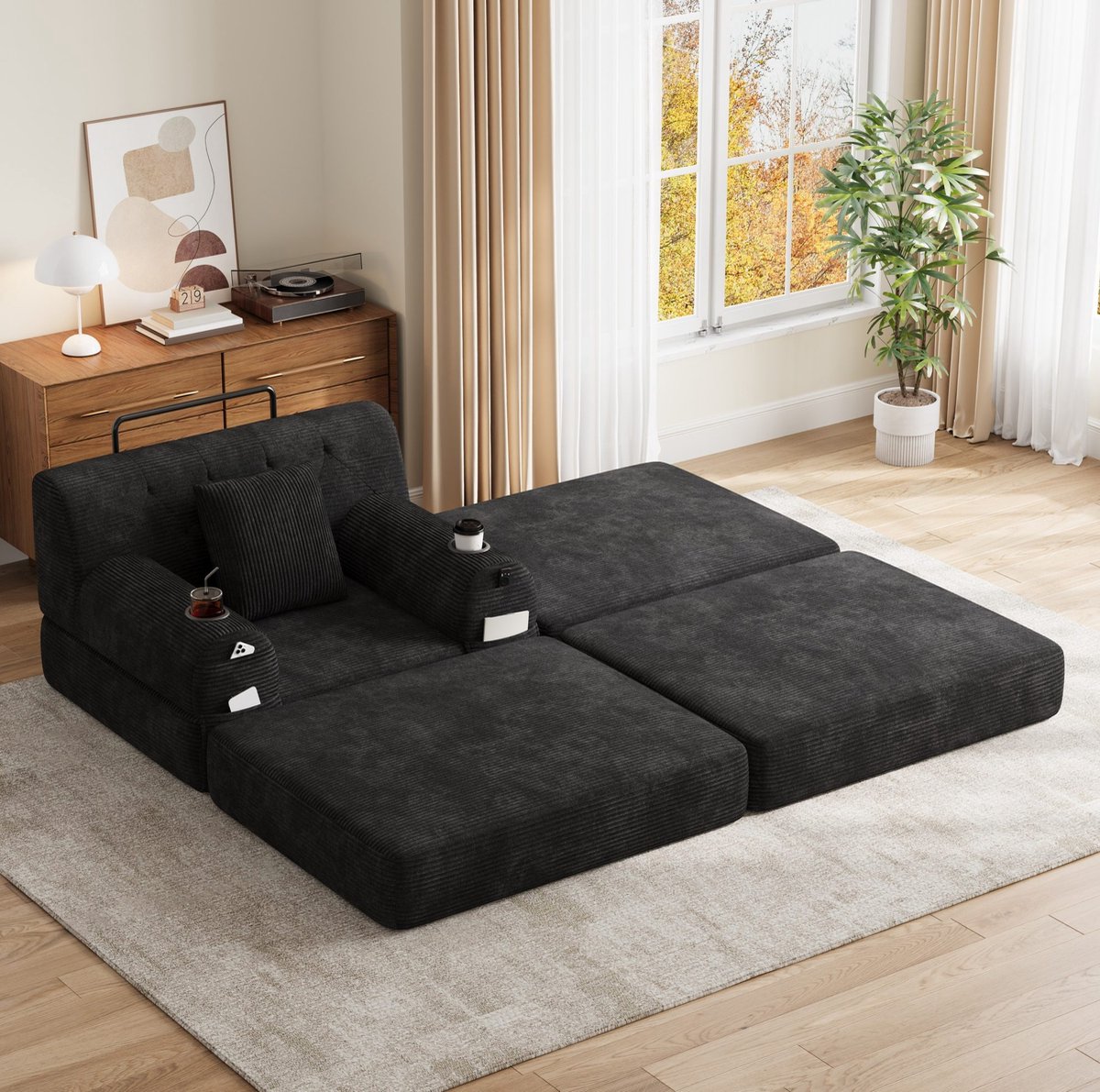 MIVRAY Slaapbank 1-Zits 107 X 162 X 81 Cm - Met Liegefunctie, Hoge Rugleuning En 2 Bekerhouders - Voor Woonkamer En Logeerkamer - Cord - Zwart