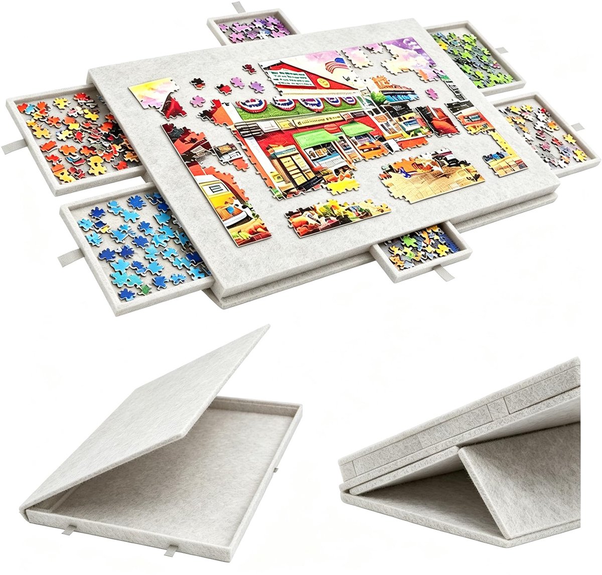 SnelShoppen - 2-in-1 Puzzelplank voor 1000 Stukjes, Inklapbare Puzzeltafel van Vilt met 6 Laden, Draagbare Puzzelmap voor het Opbergen in Lichtbruin