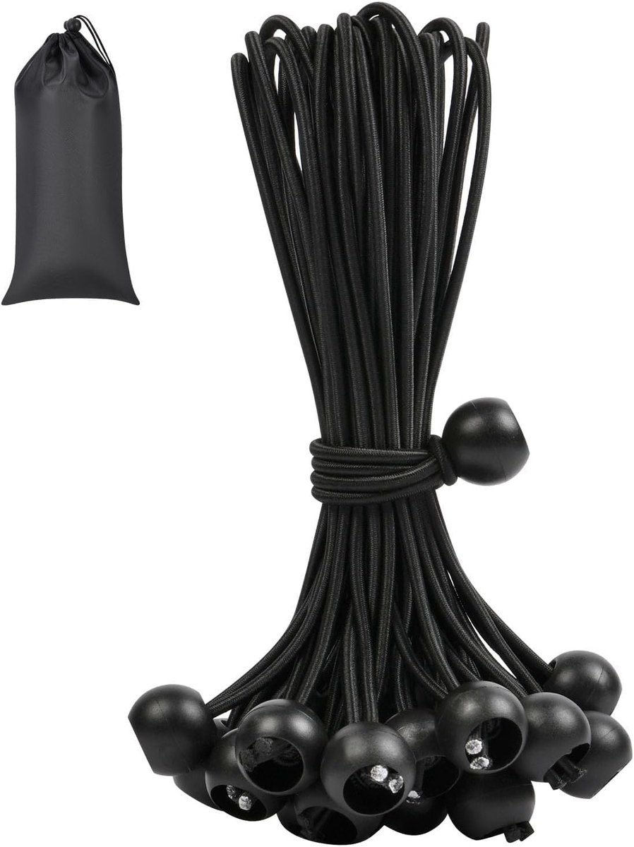 Elastische Touwen met Ballen - Zwart - 20 cm - Duurzaam Rubber met Hoge Elasticiteit - Voor Dekzeilen en Tenten