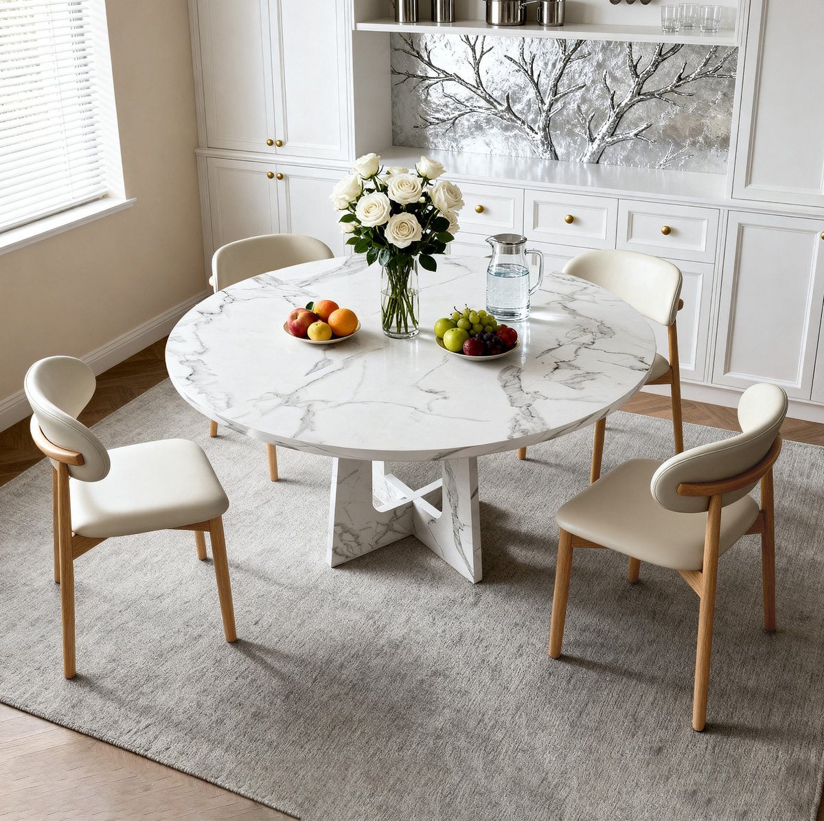 MIVRAY Set Tafel En Stoelen - Ronde Eettafel 120 Cm Met 4 Stoelen - Witte Marmerlook - Modern Voor Eetkamer En Woonruimte - MDF - Wit