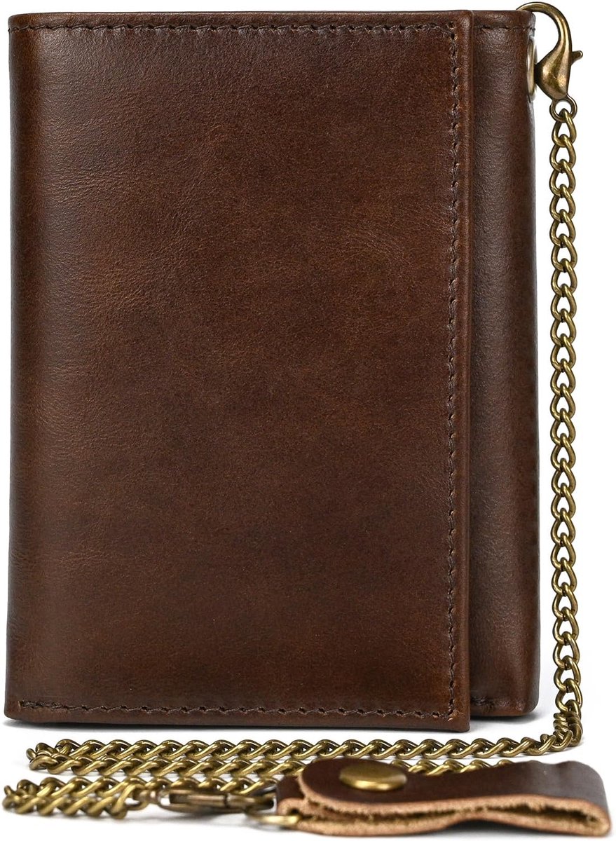 SnelShoppen - Heren Portemonnee van Leer met Ketting, Drievoudig Vouw, 9 Kaart slots, Geldvakken, Retro Bruin, Compact voor Dagelijks Gebruik
