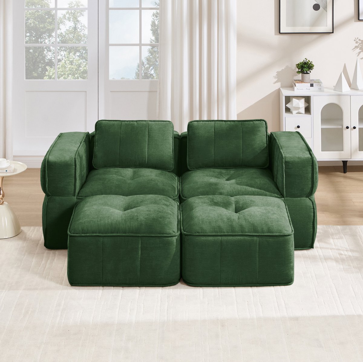 FloraGrace Bank - Modulaire 2-Zits Set Met 2 Hockers - Zachte Polyester Bekleding, 32D Schuim, Diepe Zit - Voor Woonkamer en Appartement - Groen