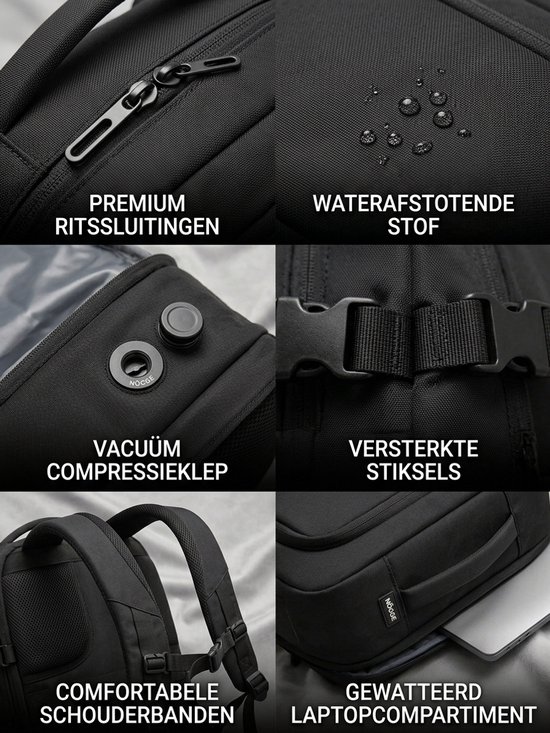 Details van de zwarte Novinti Flexpack: waterafstotende stof, vacuümklep, verstevigde stiksels, comfortabele schouderbanden.