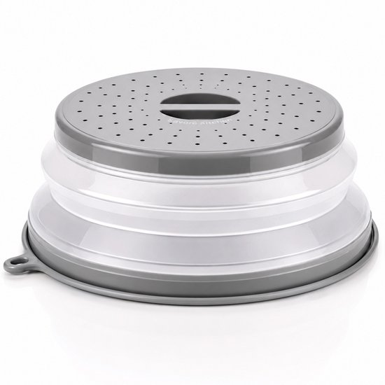 Grijs, inklapbaar magnetrondeksel met stoomopeningen en handgreep, op witte achtergrond.