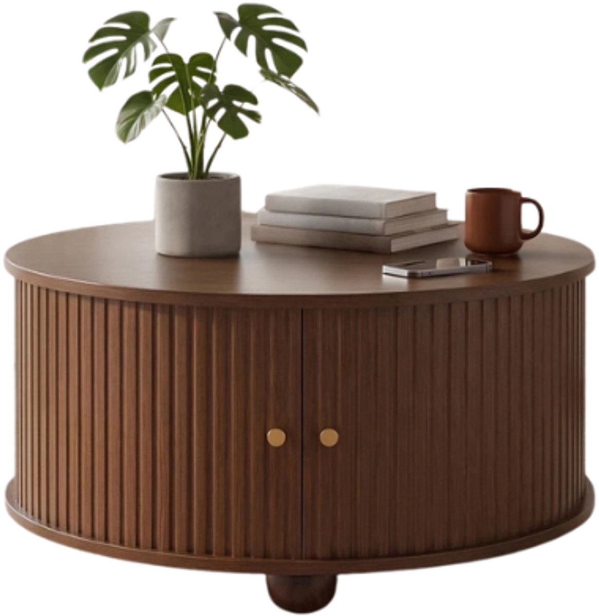Emvae Salontafel - Salontafel met Opbergruimte - Rond - Koffietafel - Schuifdeuren - 4 Opbergvakken - Modern - Hout - Diameter 72 cm - Zwart