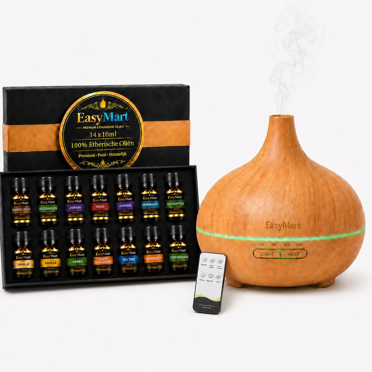 EasyMart _ Aroma Diffuser 500ML met 14 Essentiële Oliën – Aromatherapie Diffuser – Luchtbevochtiger – Geurverspreider – Ultrasone Aroma Verdamper – LED Verlichting – Afstandsbediening – Timer – Voor Slaapkamer, Woonkamer & Kantoor