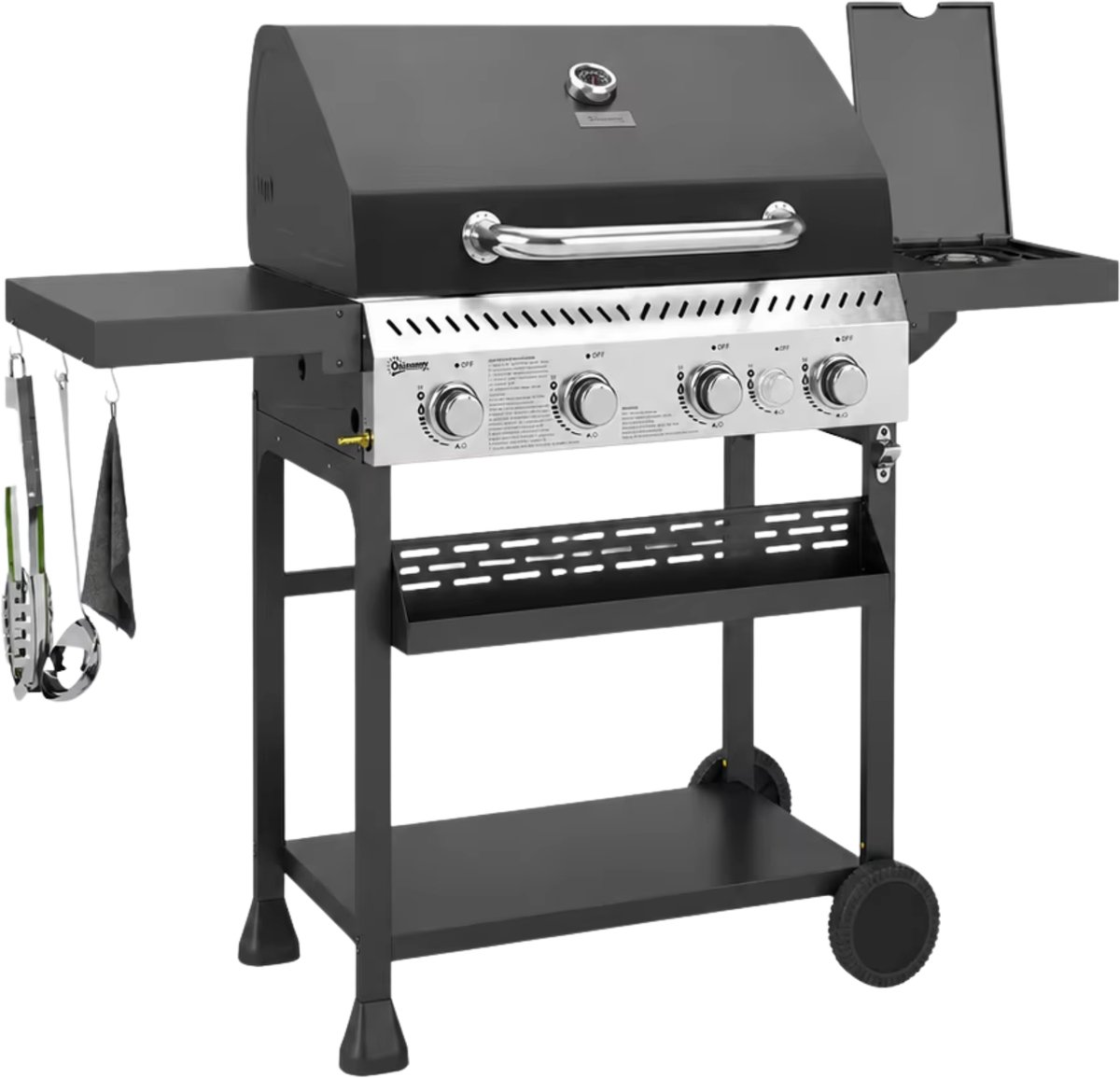 Gasbarbecue 4+1 Branders 135x55x103 cm Zwart – met Zijbrander & Warmhoudrek