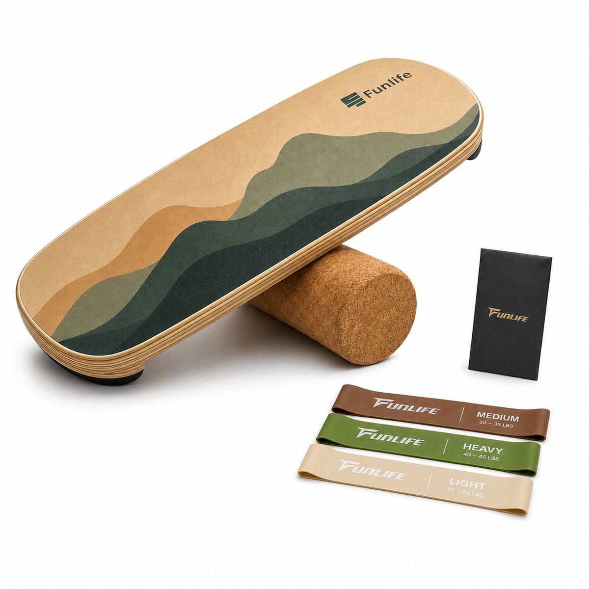 FunLife ALPINE - Balance Board Set met kurkrol en 3 weerstandsbanden - Balancetrainer van berkenhout voor core-, balans- en krachttraining - Tot 150 kg