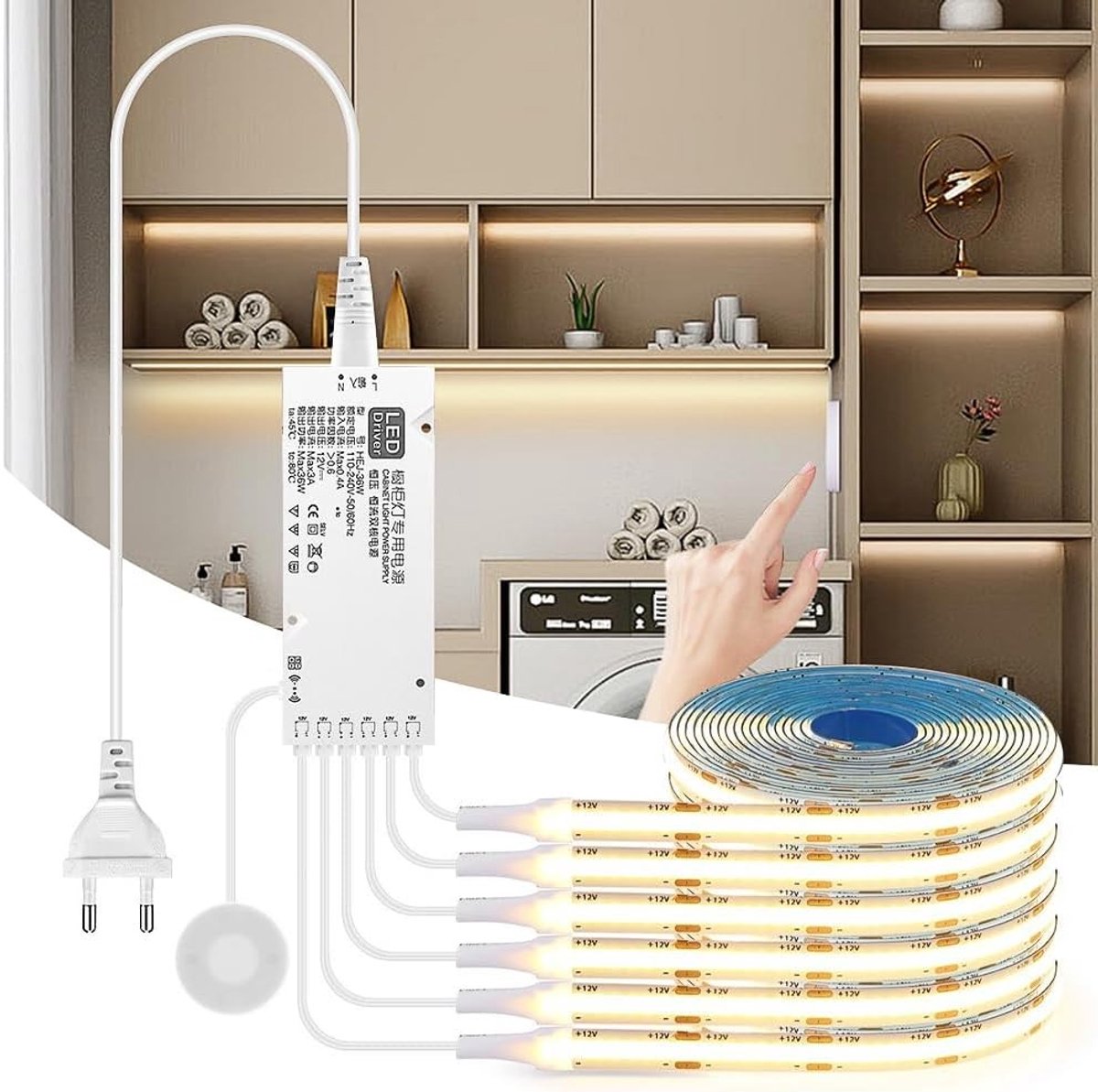 COB LED Strip Warm White 12V met Touch en Hand Veep Dimmer voor Keuken, Kasten en Planken Verlichting
