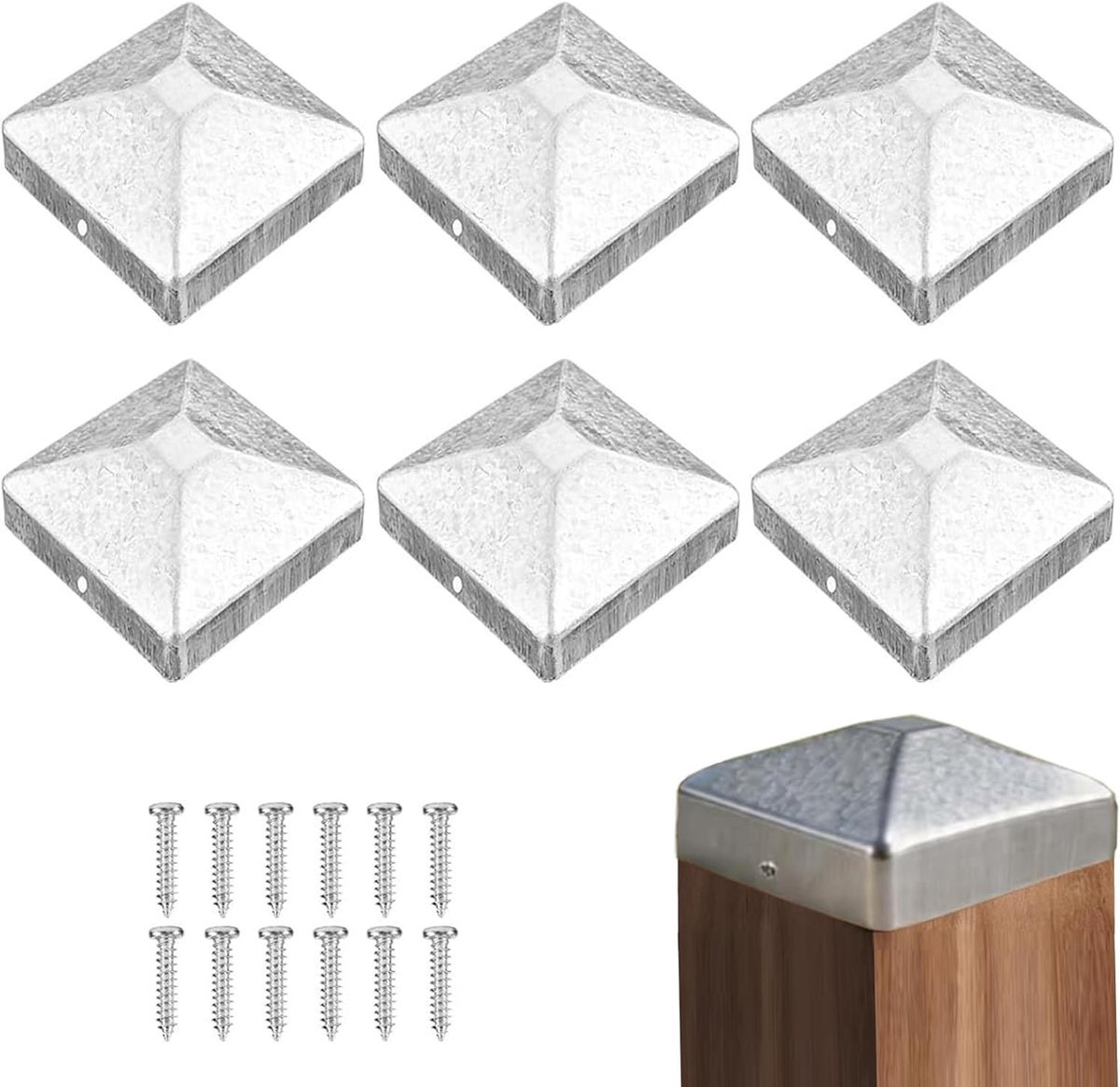 Set van 6 roestvrijstalen paaldoppen 7 x 7 cm, vierkante hekpaaldoppen met schroeven, duurzame paalafdekking voor houten en terraspalen
