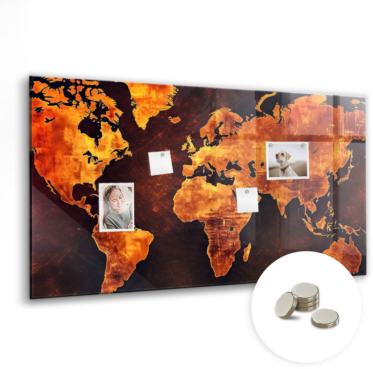 Coloray Glazen Magneetbord - Magnetisch Bord Decoratieve wereldkaart - 120x60 cm - Oranje Magneetbord - Magnetic Board - Magneetbord Design