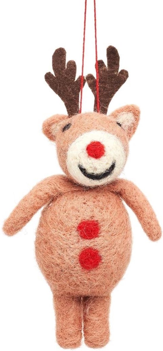 SnelShoppen - Kerst hangdecoratie van vilt rendier - Speelse toevoeging voor kerstboom, krans, slinger of tafelstuk - 75% wolvilt, iconisch, rood neus