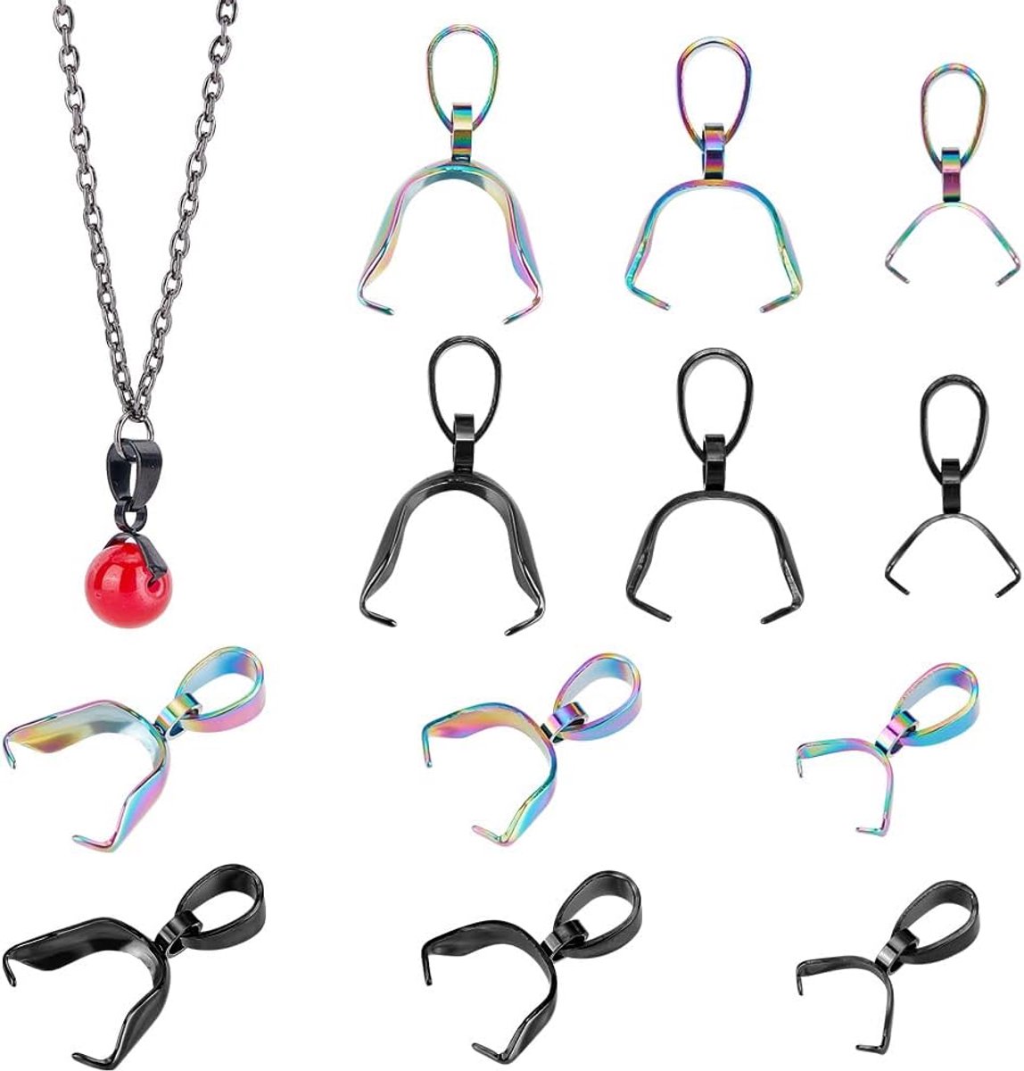 SnelShoppen - 48x PH PandaHall Hanger Connector Clips voor Kettingen, 3 Maten 14/16/19mm, 304 RVS Pinch Bails in Zwart/Rainbow voor Sieraden DIY Creat