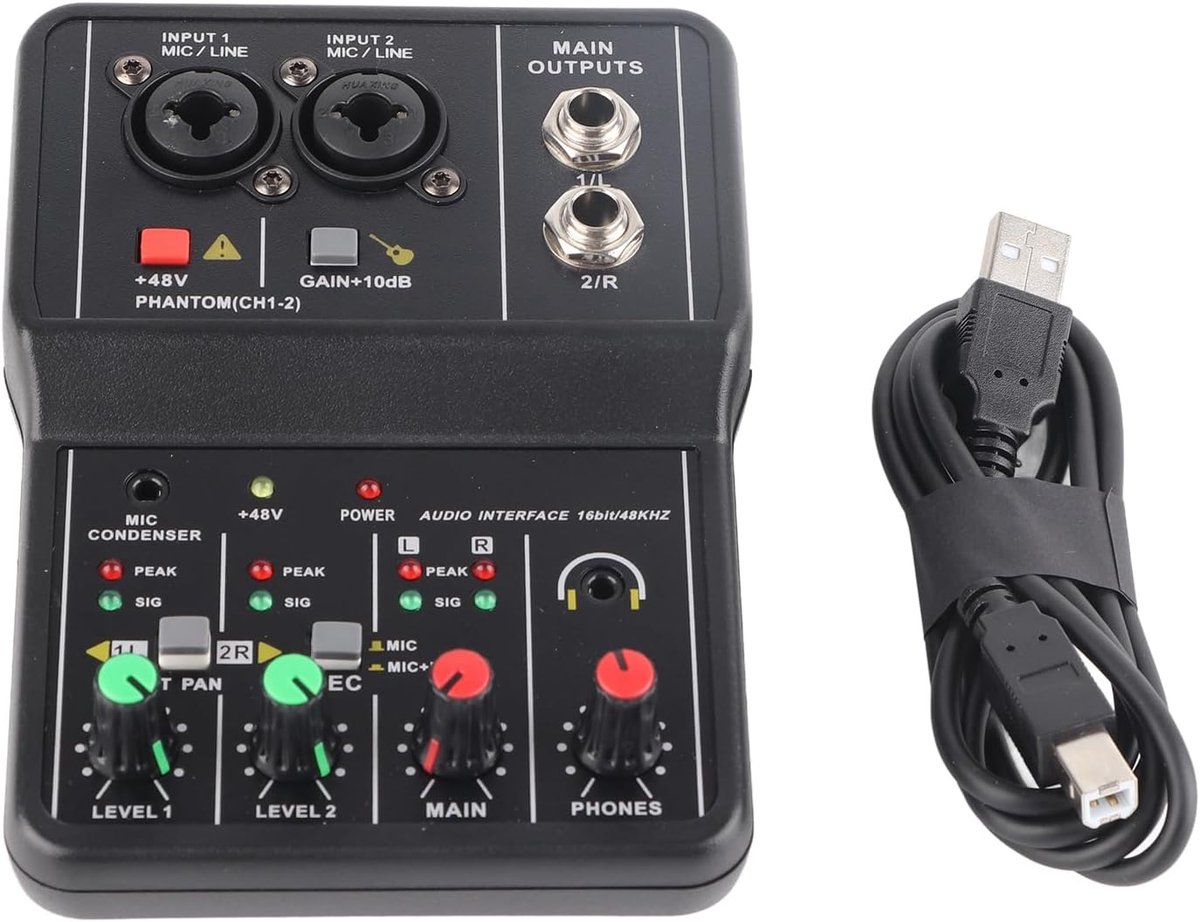 SnelShoppen - Draagbare USB Mini-geluidskaartconsole, 2-kanaals Audiomixer met 48V Voeding, Compacte Geluidsmixconsole voor Muziekopname, Thuis Karaok